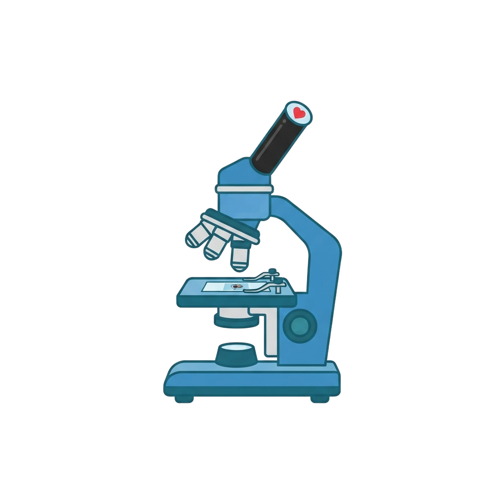 A stylized blue microscope with two eyepieces and a specimen slide under the stage.
