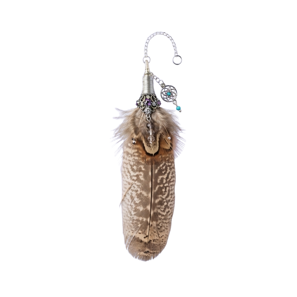 Feather keychain with metallic accents and beads attached to a silver hook