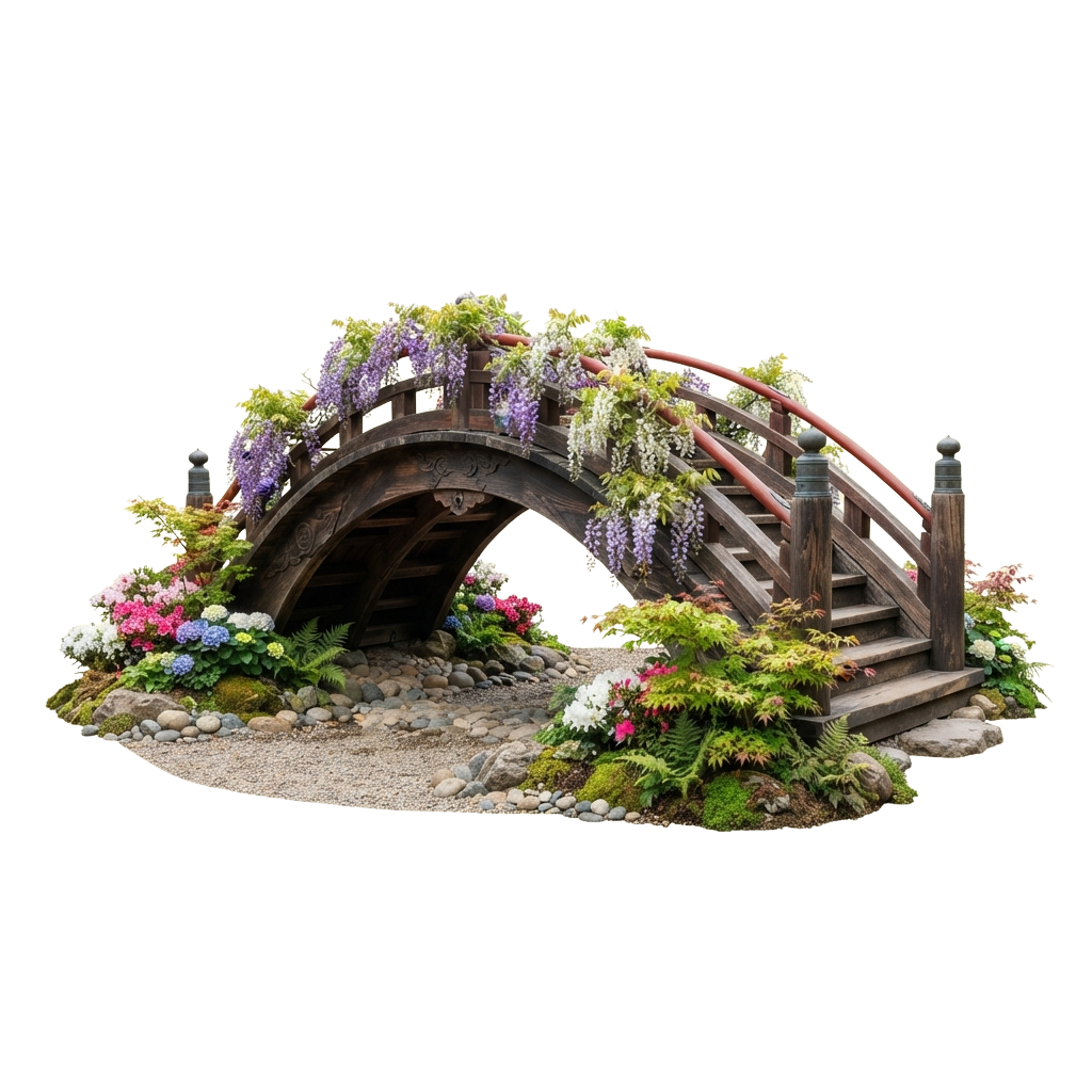 A detailed miniature model of a wooden arched bridge surrounded by colorful flowers and lush greenery