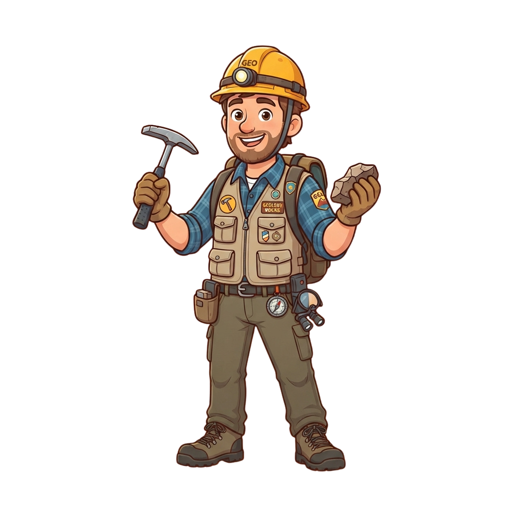 A cheerful cartoon geologist wearing a hard hat, holding a hammer and rock samples.