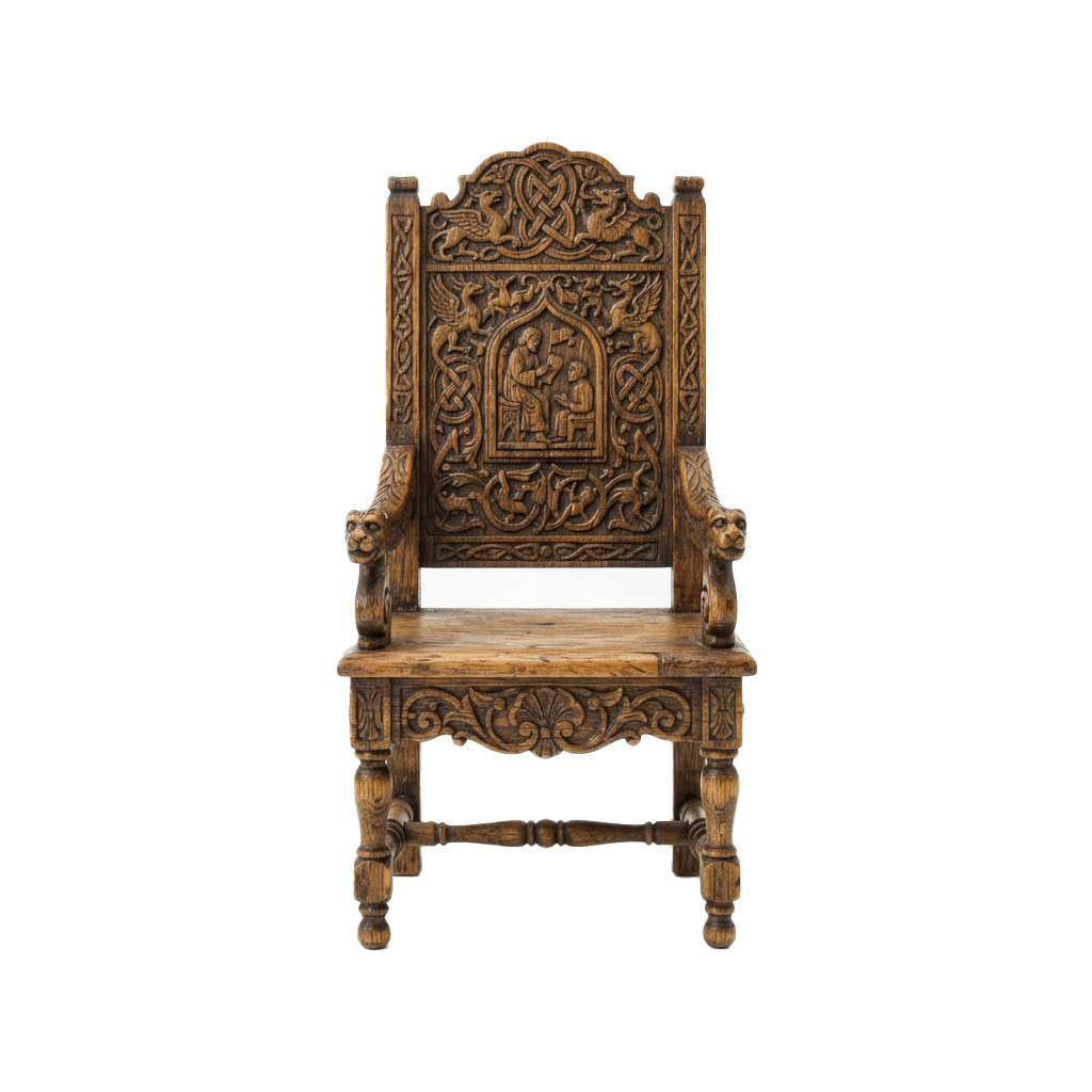 An antique wooden chair featuring detailed Viking knotwork carvings and a relief scene on the backrest