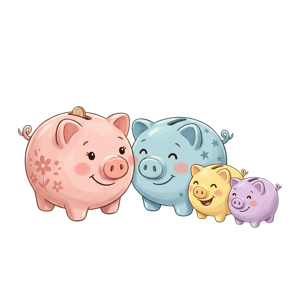 Four smiling piggy banks in pink, blue, yellow, and purple standing in a row on a black background