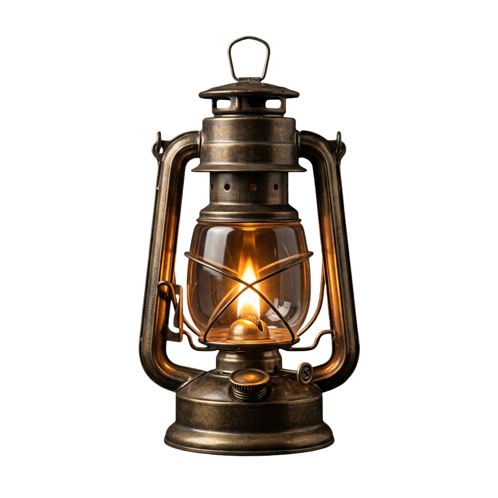 A classic metal lantern emitting a warm, soft light against a dark background