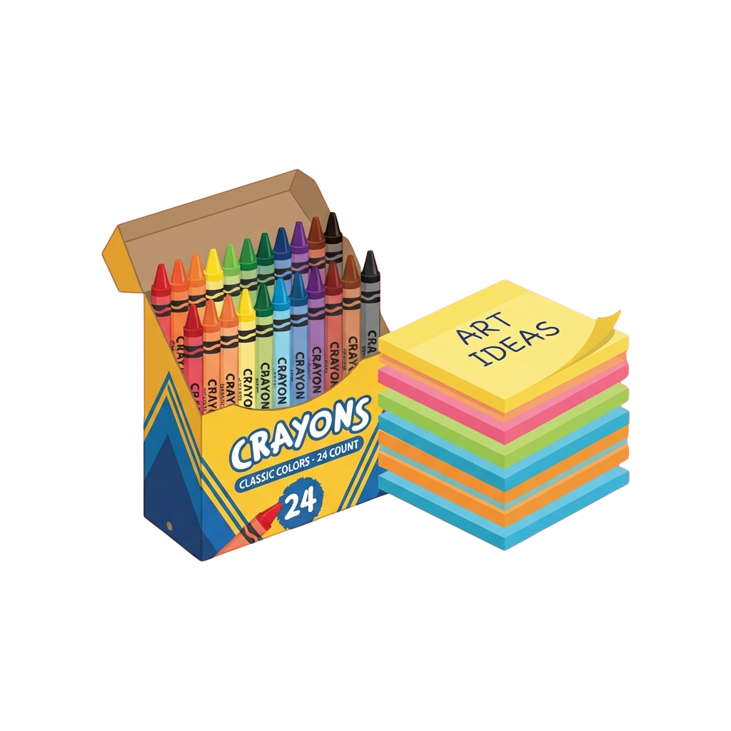 Box of 24 classic colored crayons next to a stack of sticky notes with Art Ideas written on top