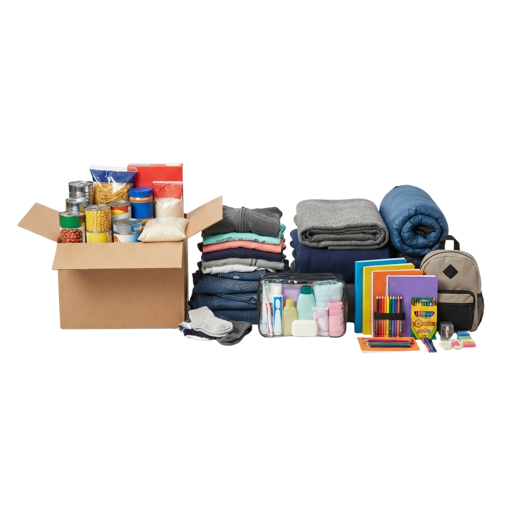 Box and items for packing including clothes, toiletries, snacks, sleeping bag, and school supplies