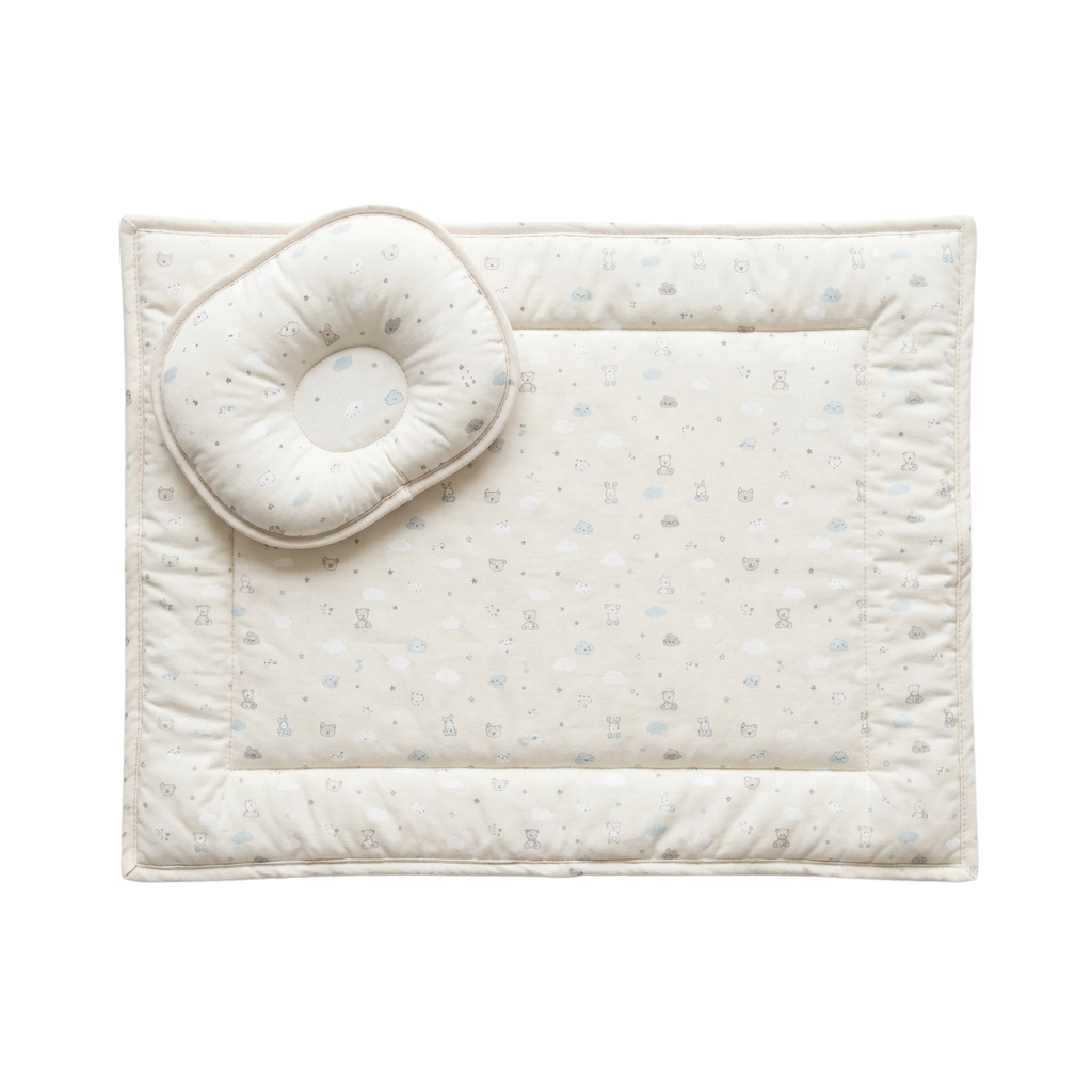 A light-colored baby sleeping pad with a hooded pillow featuring small animal prints.