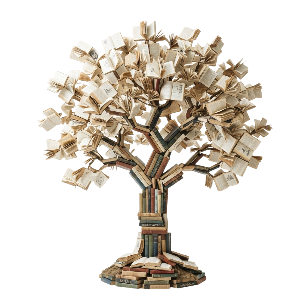 A tree sculpture crafted entirely from stacked and arranged books, forming branches, trunk, and leaves.