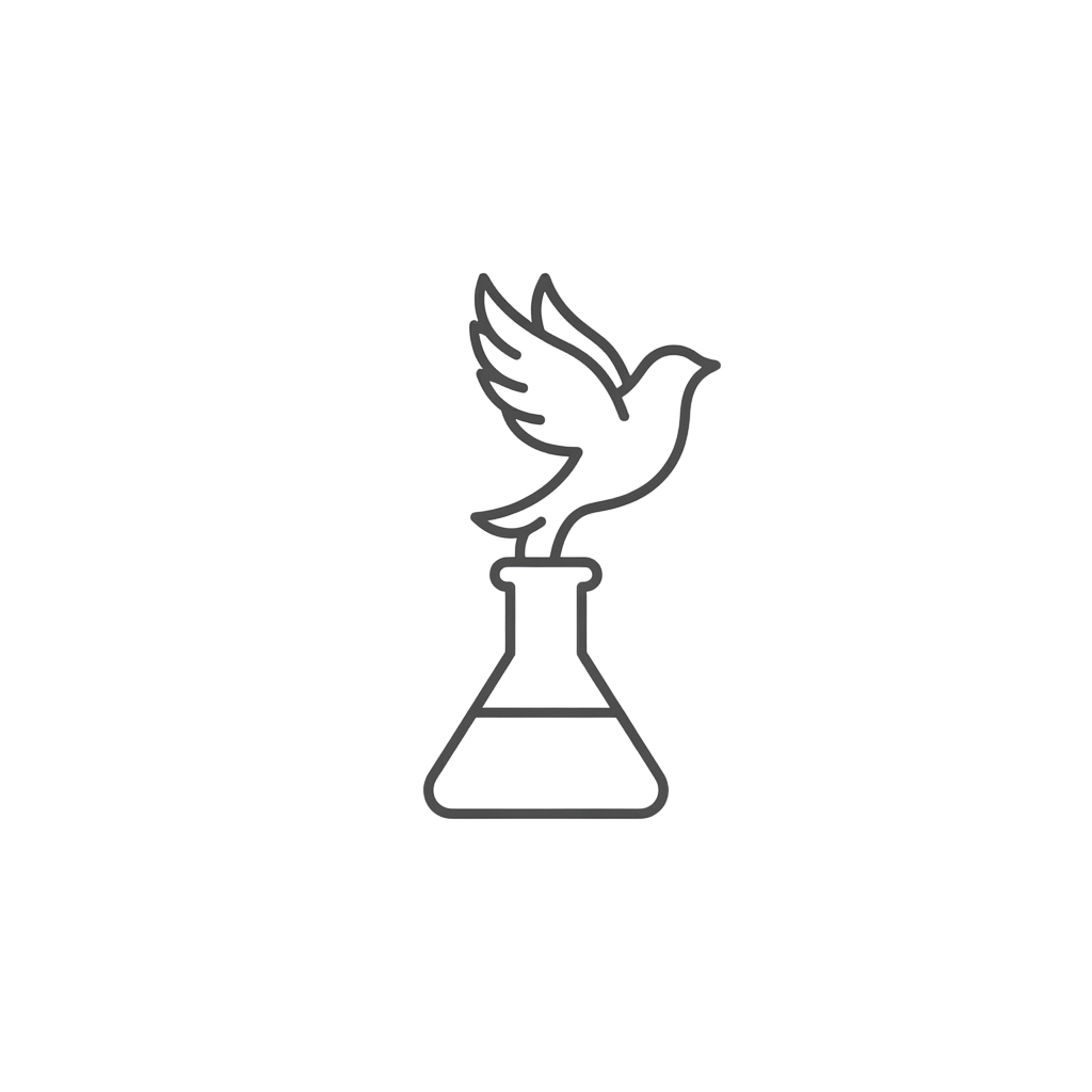 A stylized bird with flames perched atop a laboratory flask