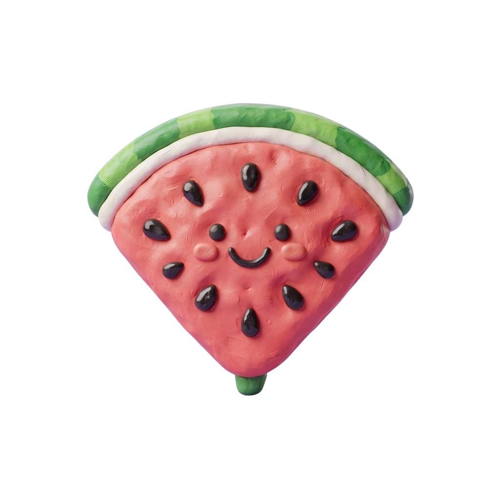 A smiling cartoon watermelon slice with green rind and black seeds