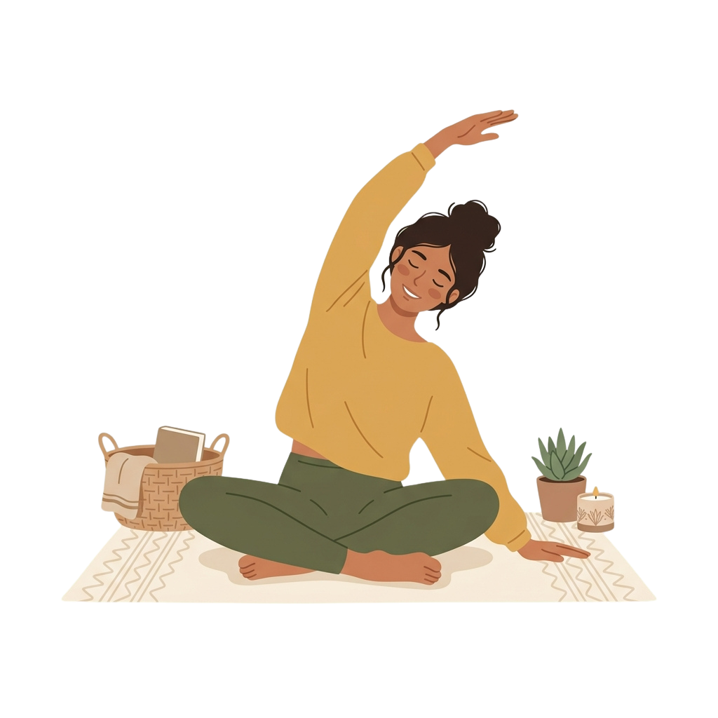 Illustration of a person sitting on a mat stretching arms upward, smiling, with a basket and potted plant nearby