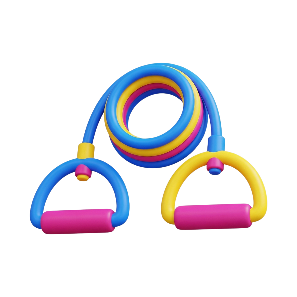 Two resistance exercise tubes with yellow and blue handles and pink grips, coiled together against a black background