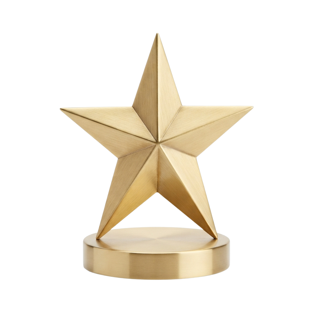 A shiny gold star-shaped trophy mounted on a circular base against a black background