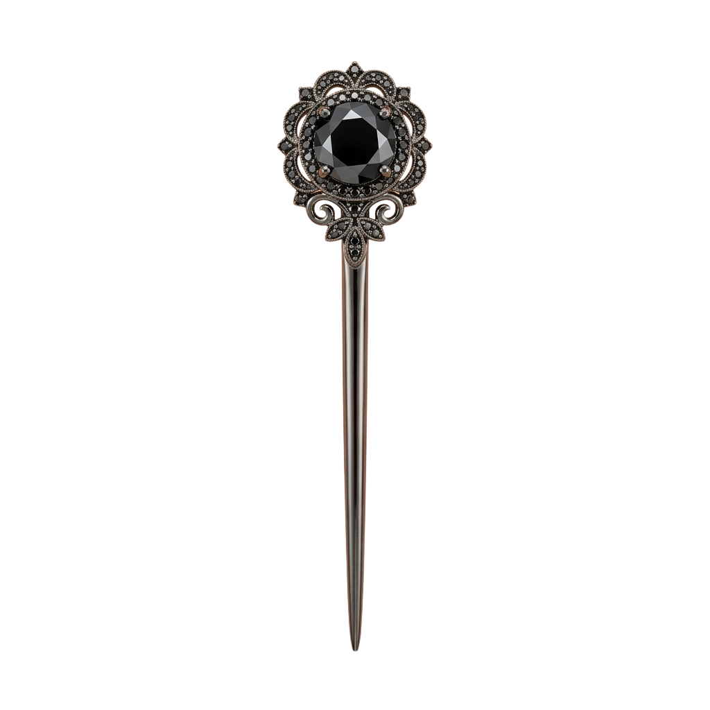 A decorative hair stick with a black gemstone center and intricate metal filigree design