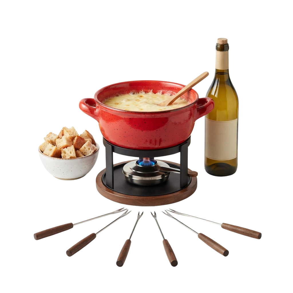 A fondue pot with melted cheese, bread cubes, a bottle of white wine, and fondue forks on a fondue burner