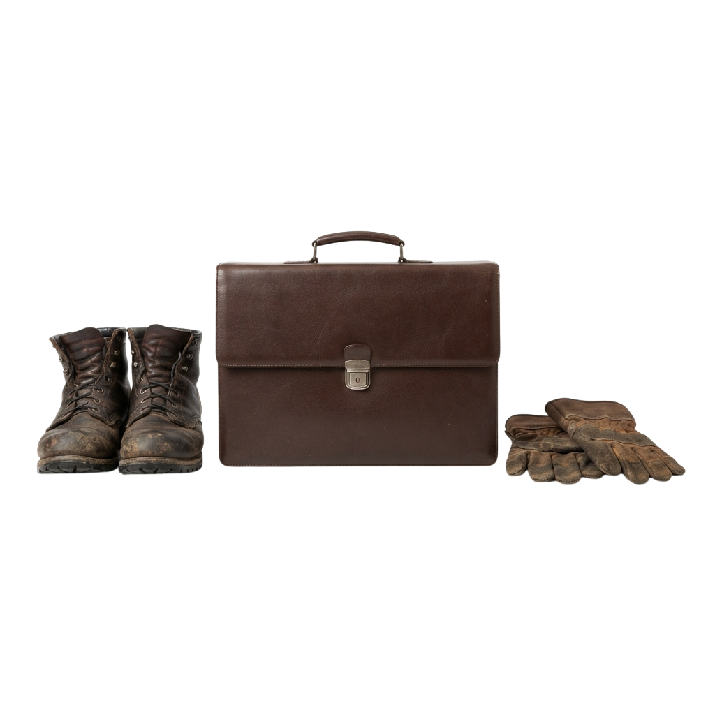 A brown leather briefcase with a pair of worn military-style boots and a pair of gloves laid out on a black background