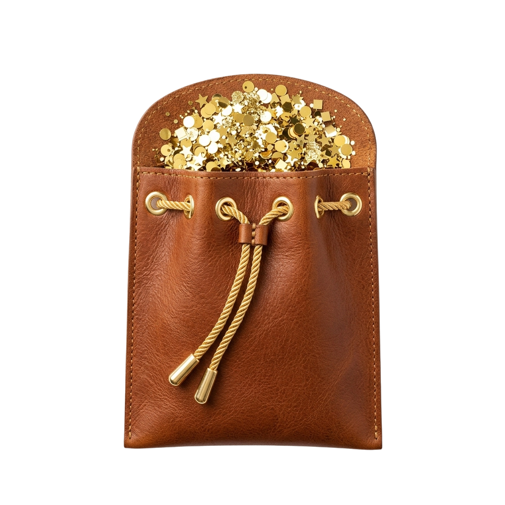 Brown leather pouch filled with small gold-colored metal charms and coins, secured with braided drawstring.