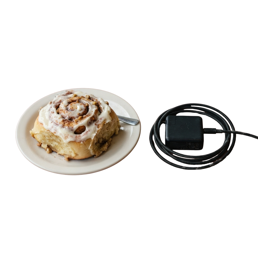 A cinnamon roll with white icing on a white plate next to a black charger with a cord.
