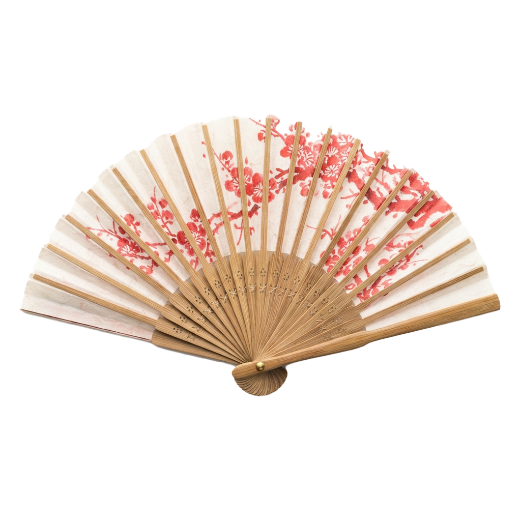 Open traditional fan with white background and red cherry blossom print on wooden sticks