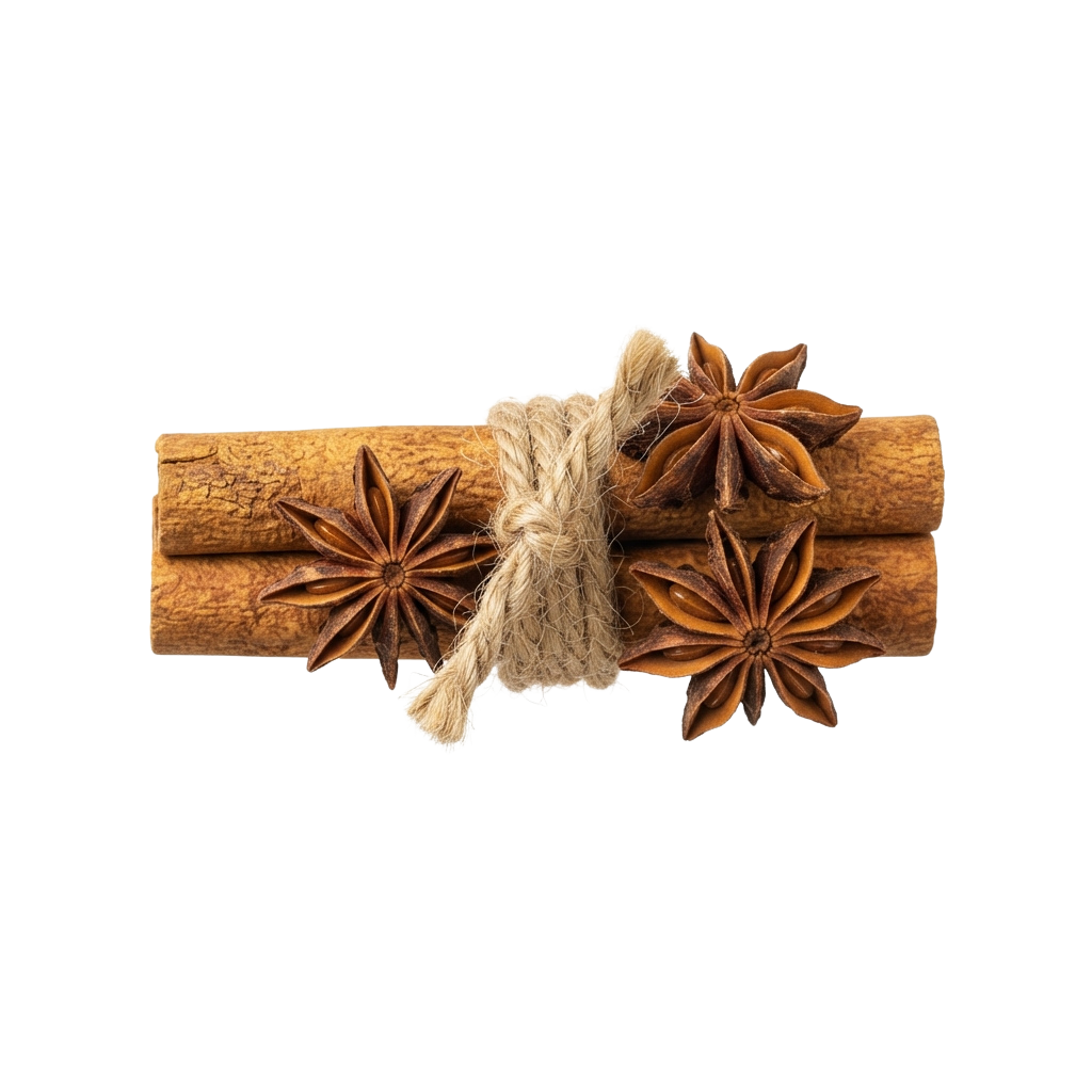 Two star anise spices tied together with natural twine on a wooden background