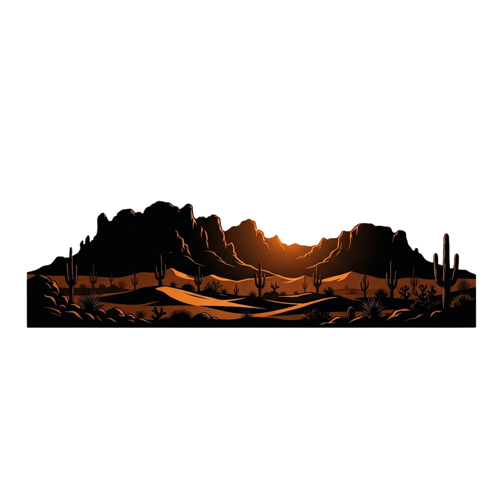 A stylized desert scene with silhouetted mountains, cacti, and plants under a warm sunset glow