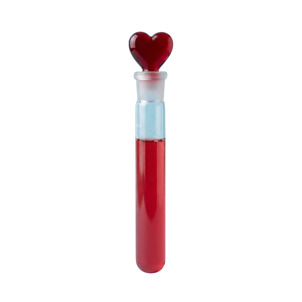 A red lipstick bottle with a heart-shaped cap and translucent red liquid inside