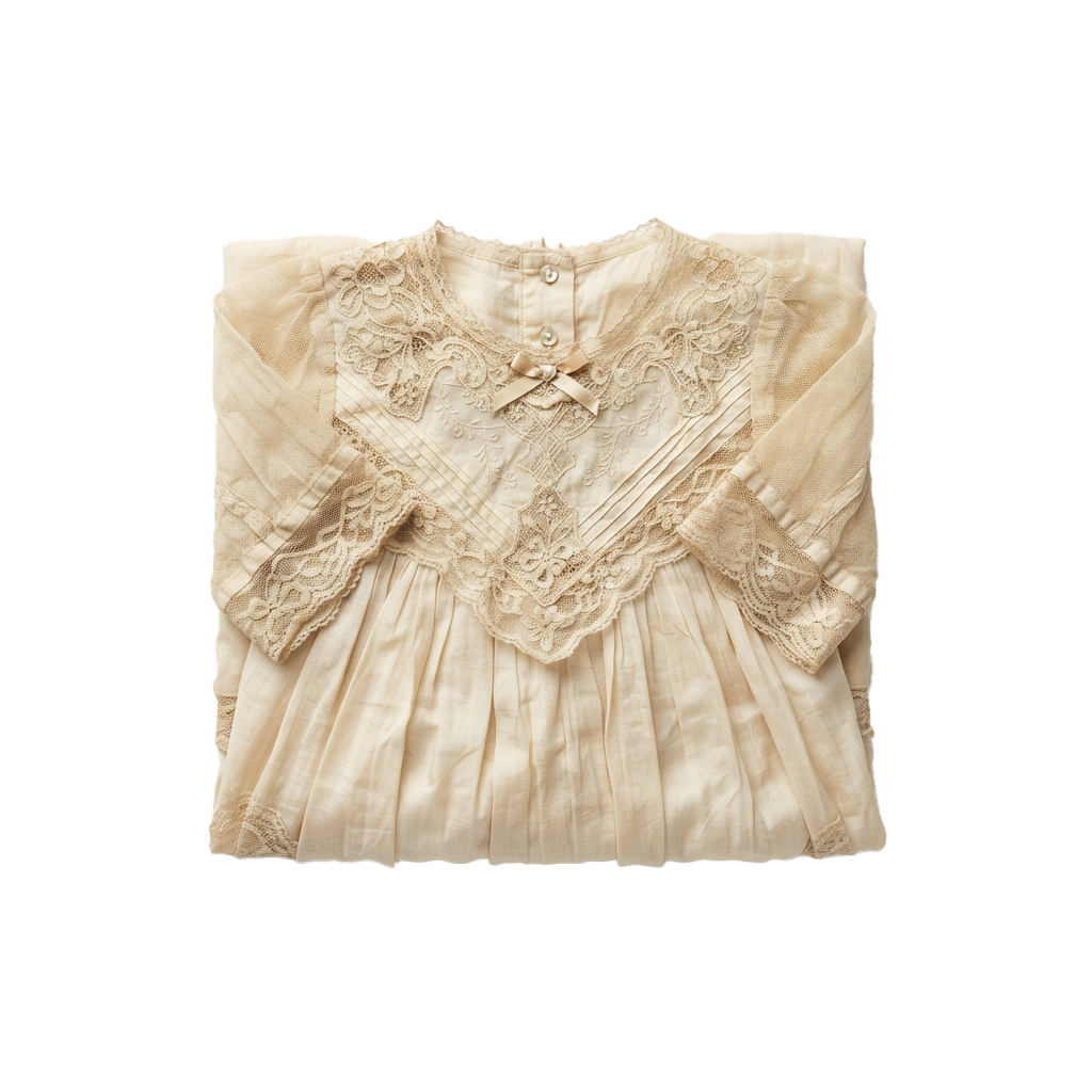 A vintage-style baby dress with lace trim on the collar and sleeves, featuring a bow at the neckline.