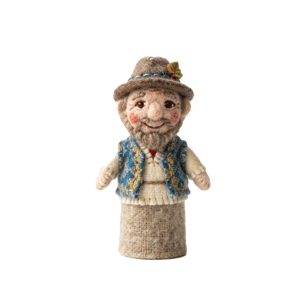 Felted yarn puppet of an elderly man wearing a hat, vest, and skirt with a friendly smile