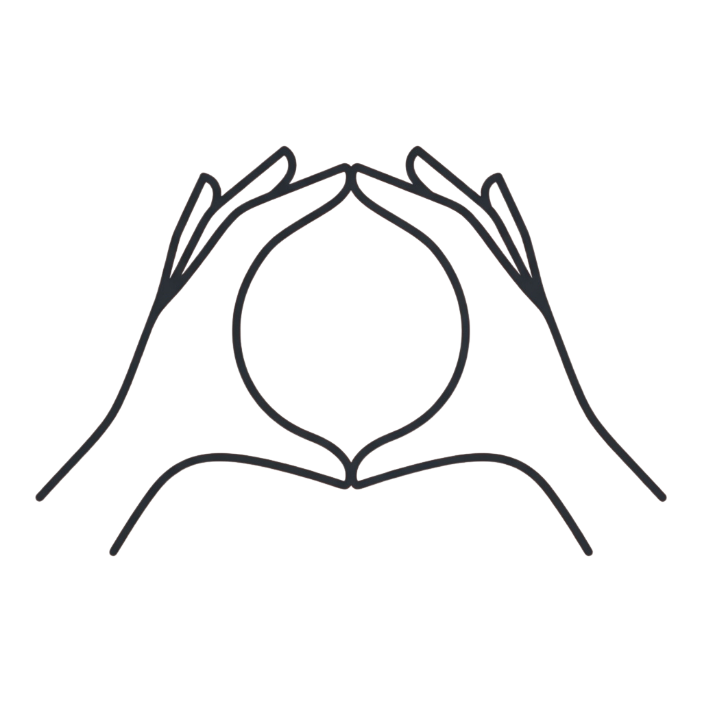 A simple line drawing of two hands forming a heart shape around a central circle