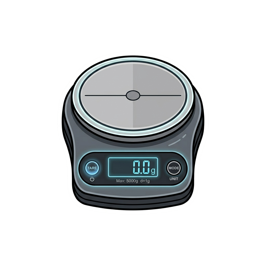 Digital kitchen scale illustration showing a zeroed display of 0.0 grams with TARE and MODE buttons