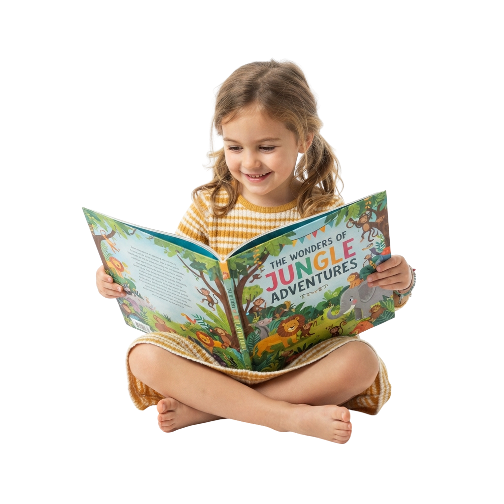 Smiling child sitting and reading a colorful jungle-themed children's book
