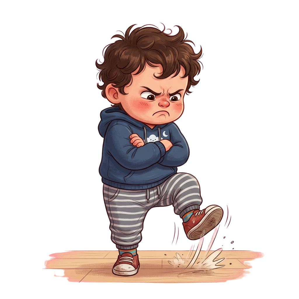 Cartoon child with crossed arms looking angry standing on a wooden floor