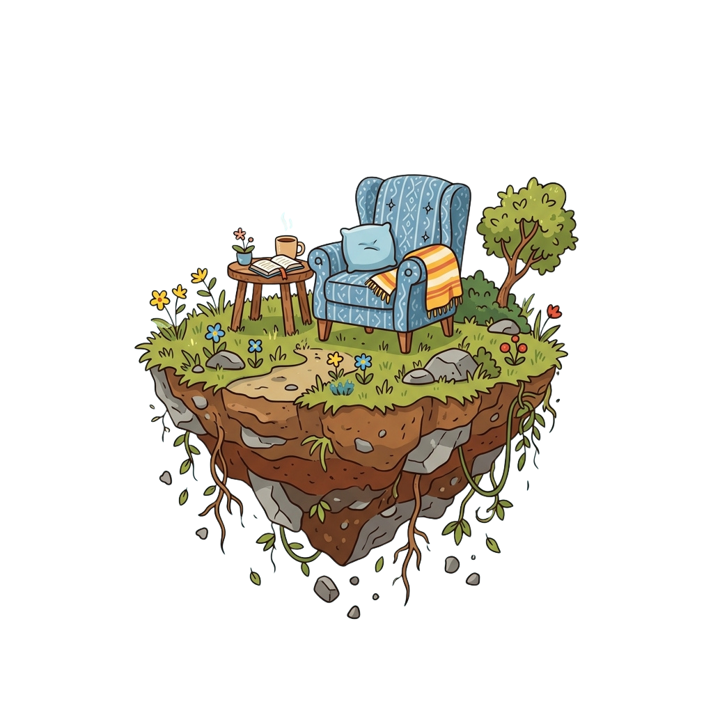 Illustration of an armchair with a book and coffee cup on a small grassy patch with roots exposed below