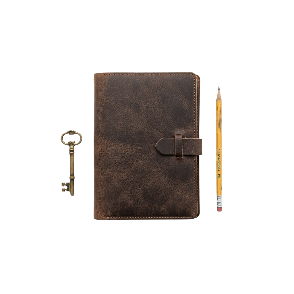 A brown leather-bound journal with a key and wooden pencil beside it on a black background