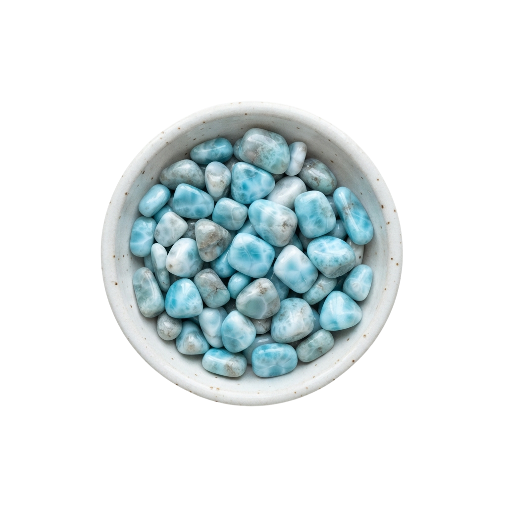 A white bowl filled with smooth blue larimar gemstones against a black background