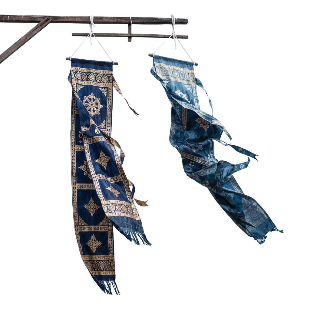 Two intricately embroidered blue and gold fabric banners hanging on a wooden rod against a dark background