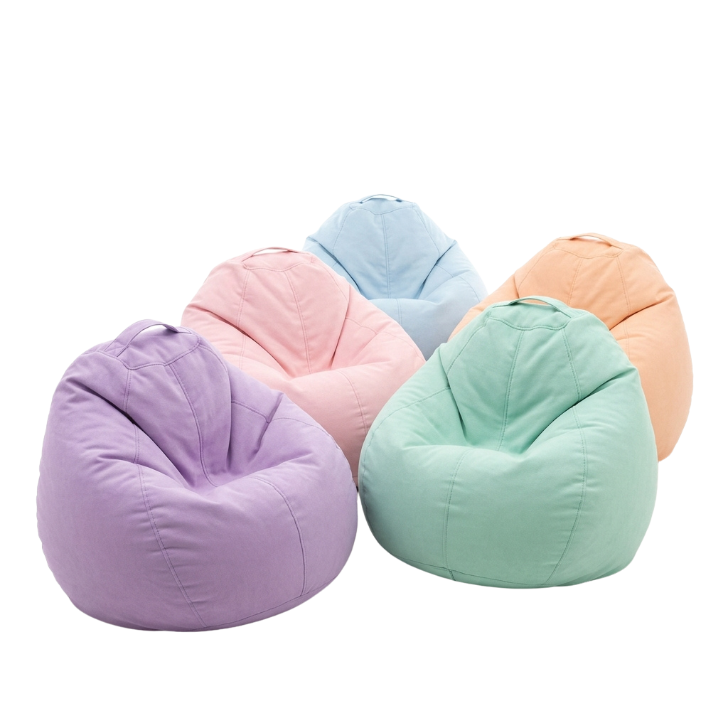 Five bean bag chairs in pastel colors arranged together against a black background