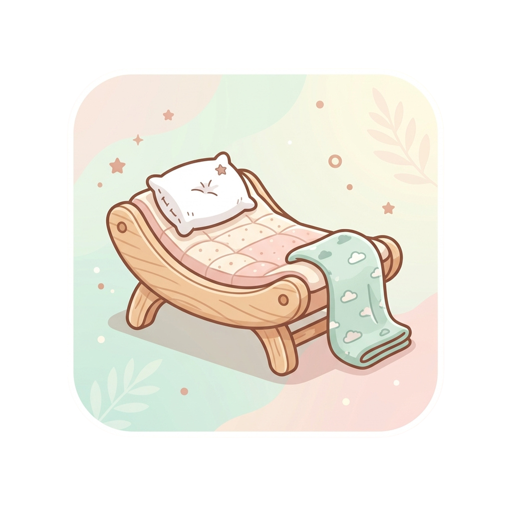 Illustration of a wooden baby crib with a cloud-themed blanket and pillow featuring a smiling cat face