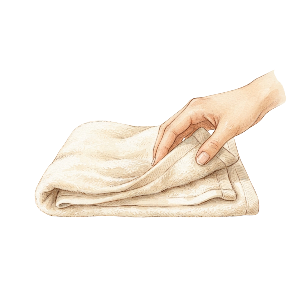 A hand folding a light-colored towel neatly on a dark background
