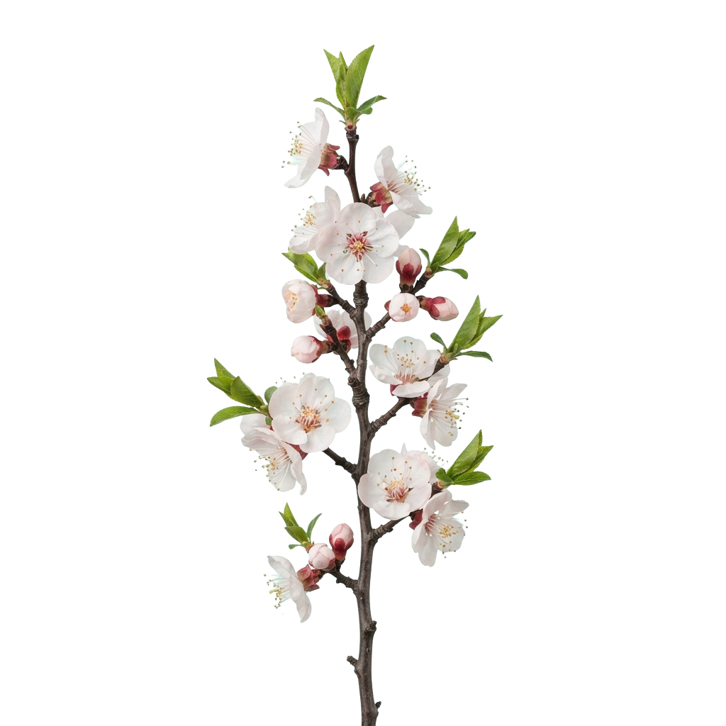 A branch with white cherry blossoms and green leaves against a black background
