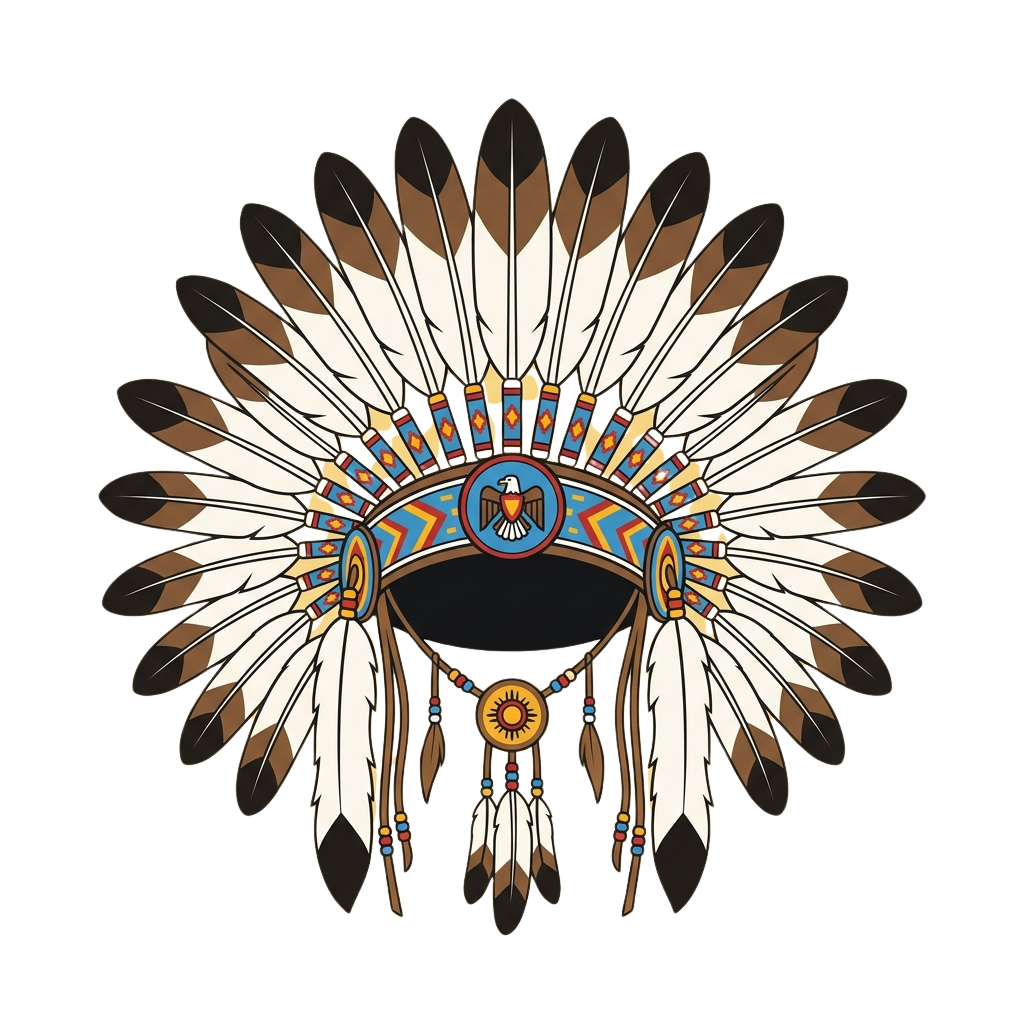 Traditional Native American headdress with feathers, eagle emblem, and decorative beadwork on black background