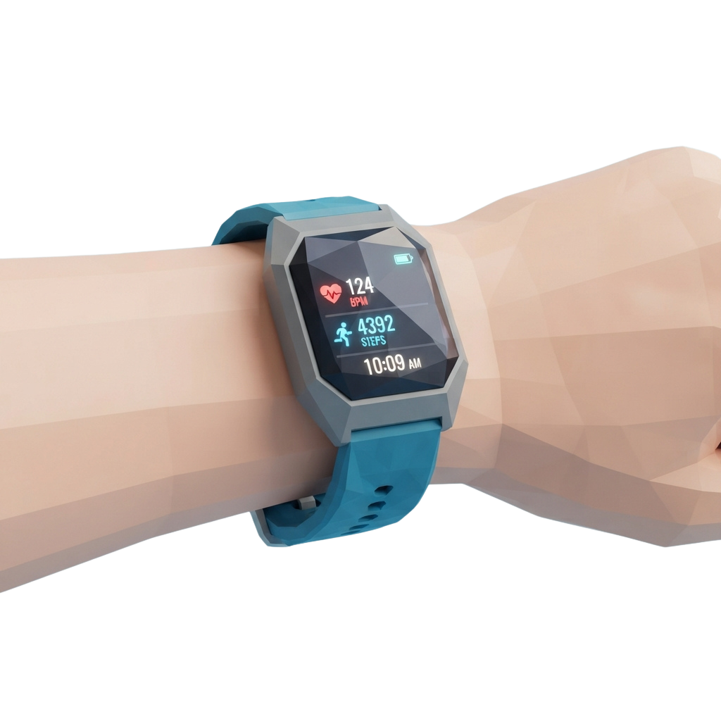 A smart fitness tracker on a wrist showing heart rate, steps, and time.