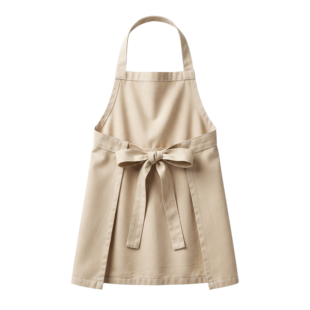Light beige apron with a bow tie closure and adjustable neck strap