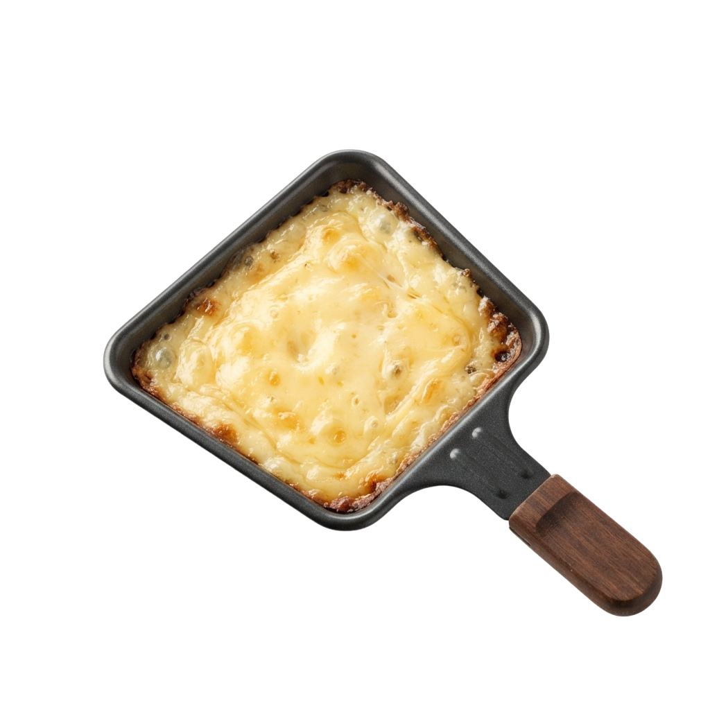 A metal fondue dish with melted cheese and a wooden handle