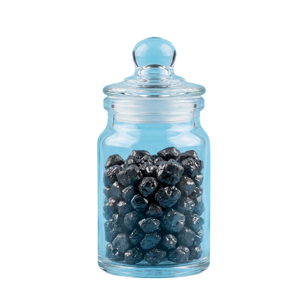 A transparent glass jar filled with faceted black gemstones and a blue lid top