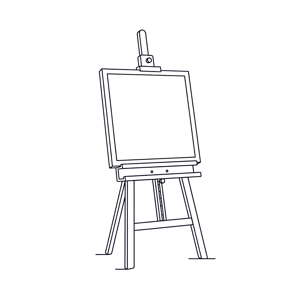 Line drawing of an artist easel with a canvas board and adjustable legs