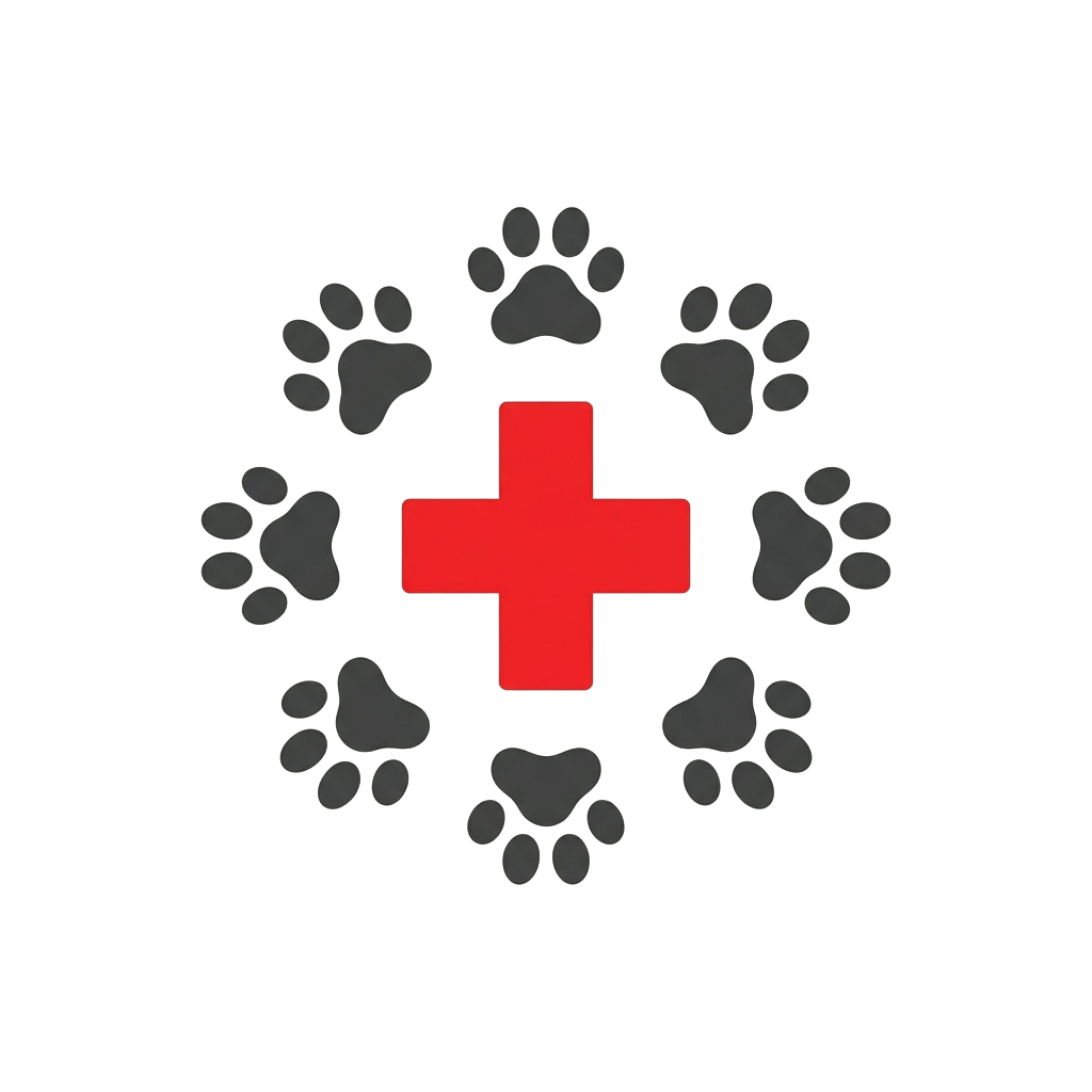 Red cross symbol surrounded by eight grey paw prints on black background