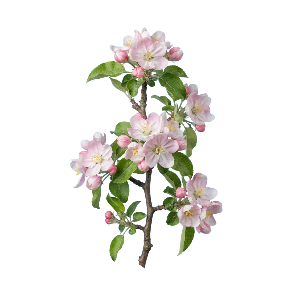 A branch of an apple tree with clusters of pink and white blossoms and green leaves