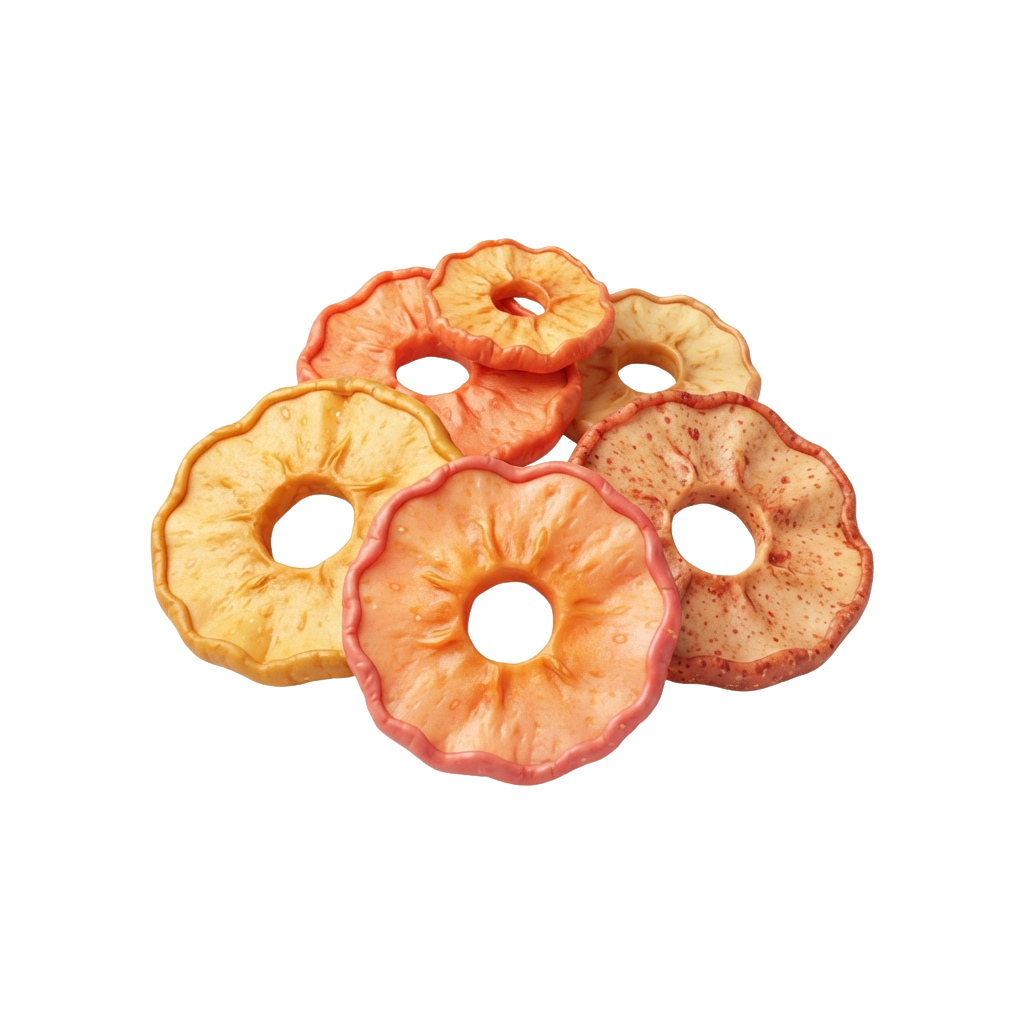Five dried apple rings with holes in the center against a black background