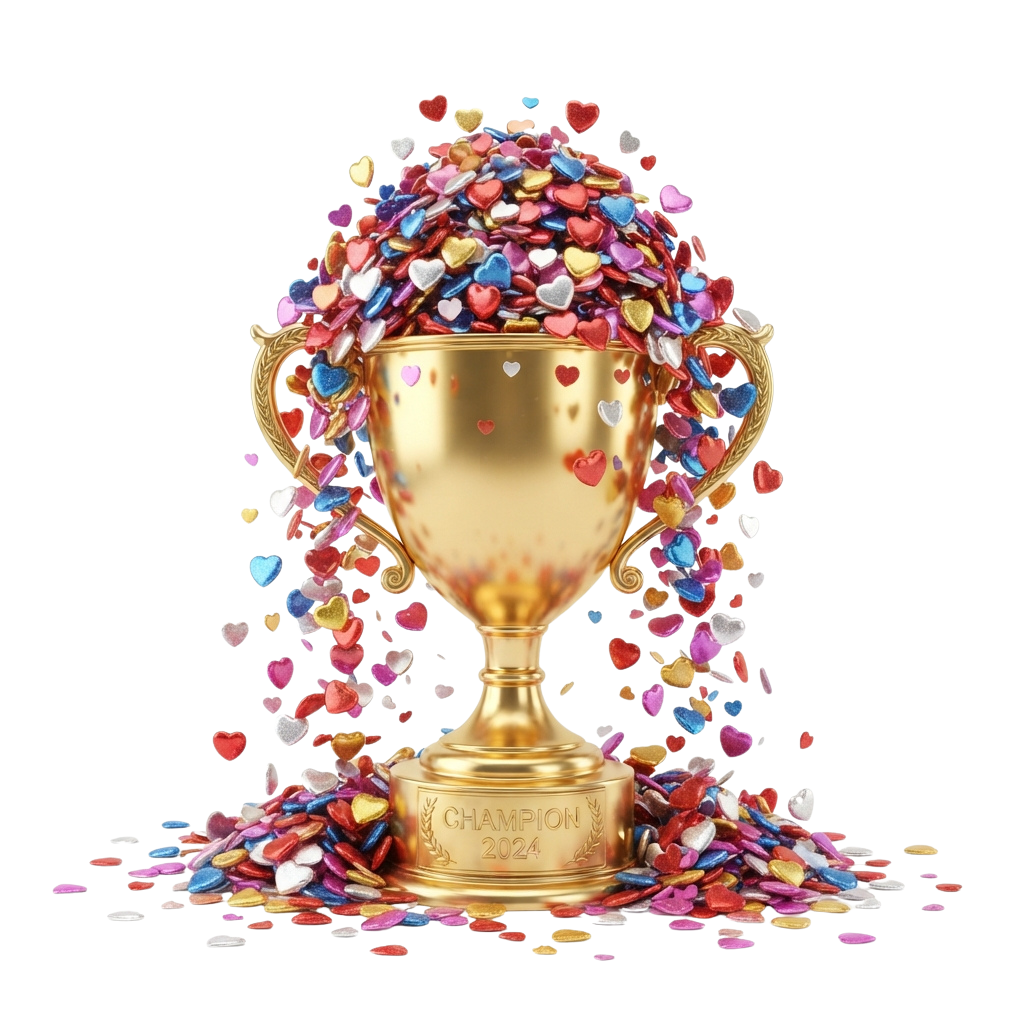 A golden trophy with two handles, labeled Champion 2024, surrounded by colorful heart-shaped confetti.