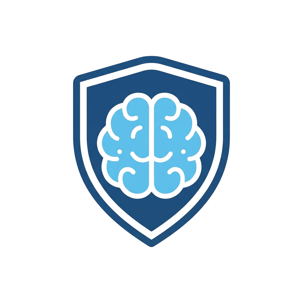 A blue shield with a white brain graphic inside, symbolizing brain protection or neuroscience.